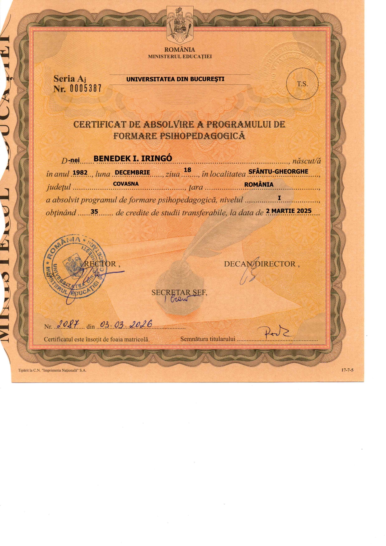 Diplomă — Benedek Iringó