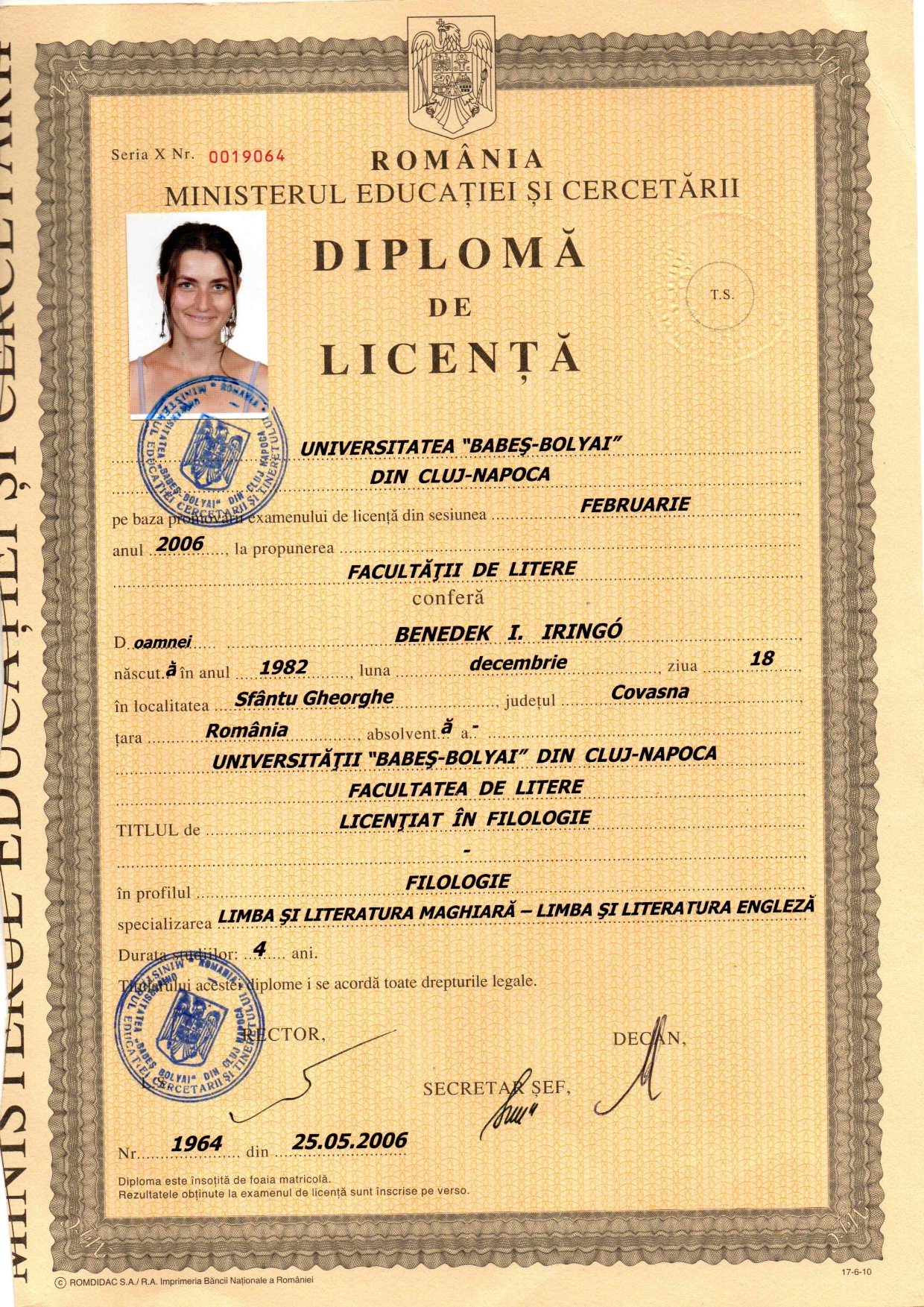 Diplomă licență — Benedek Iringó