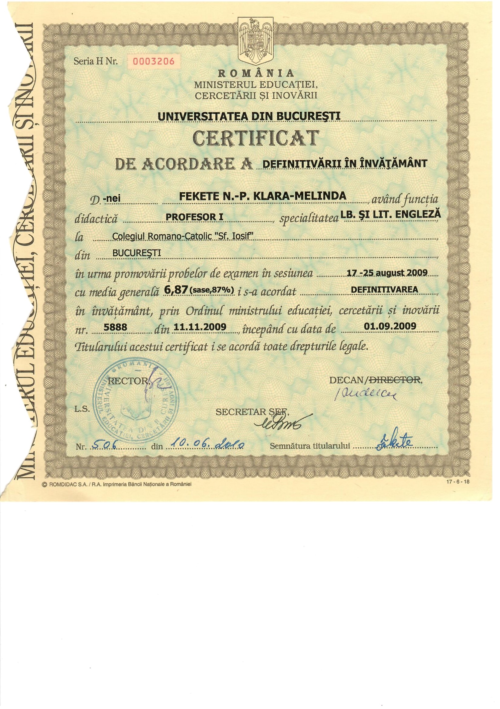 Certificat definitivat profesor 2009 — Fekete KLM