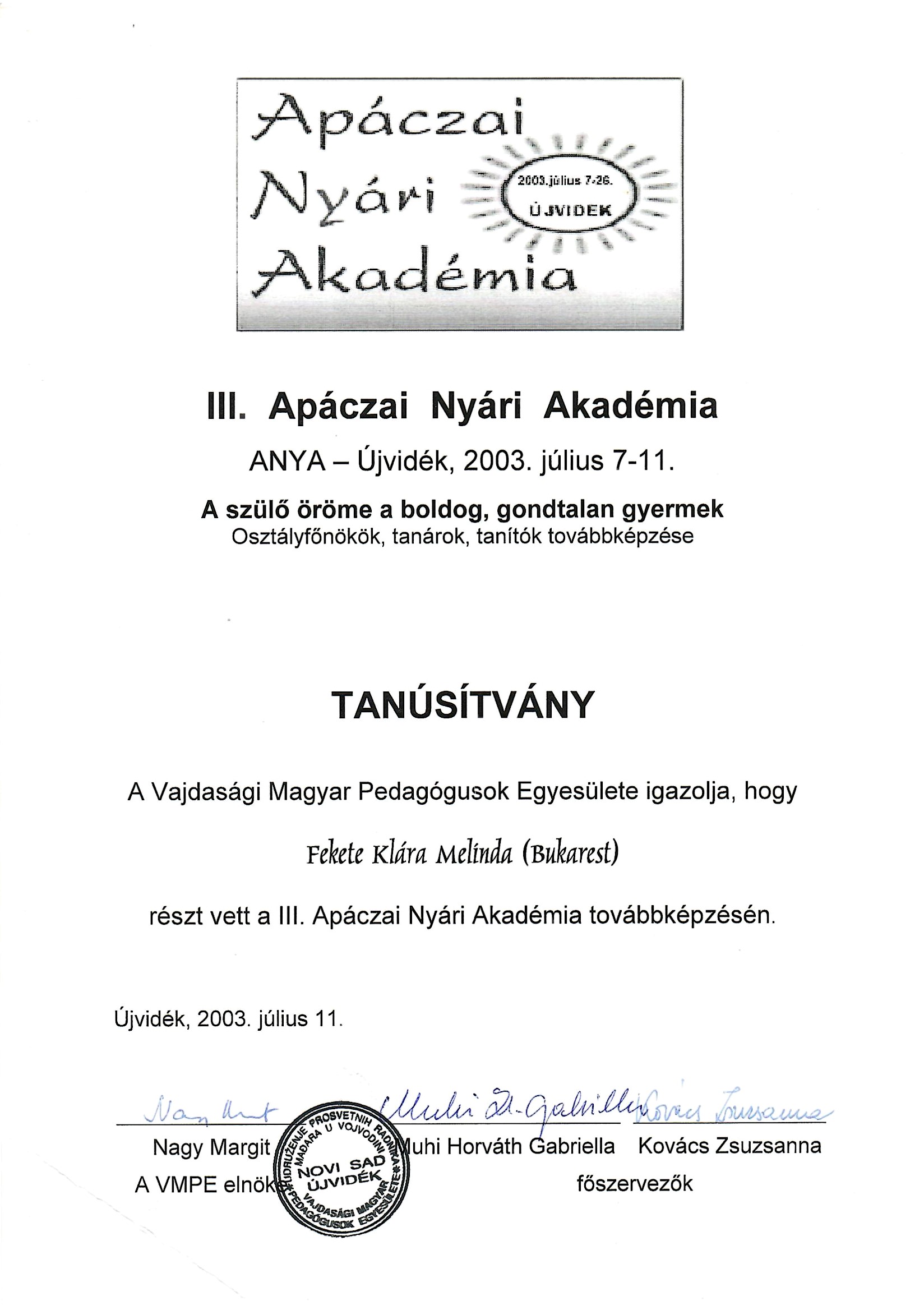 Certificat specializare Novi Sad 2003 — Fekete KLM
