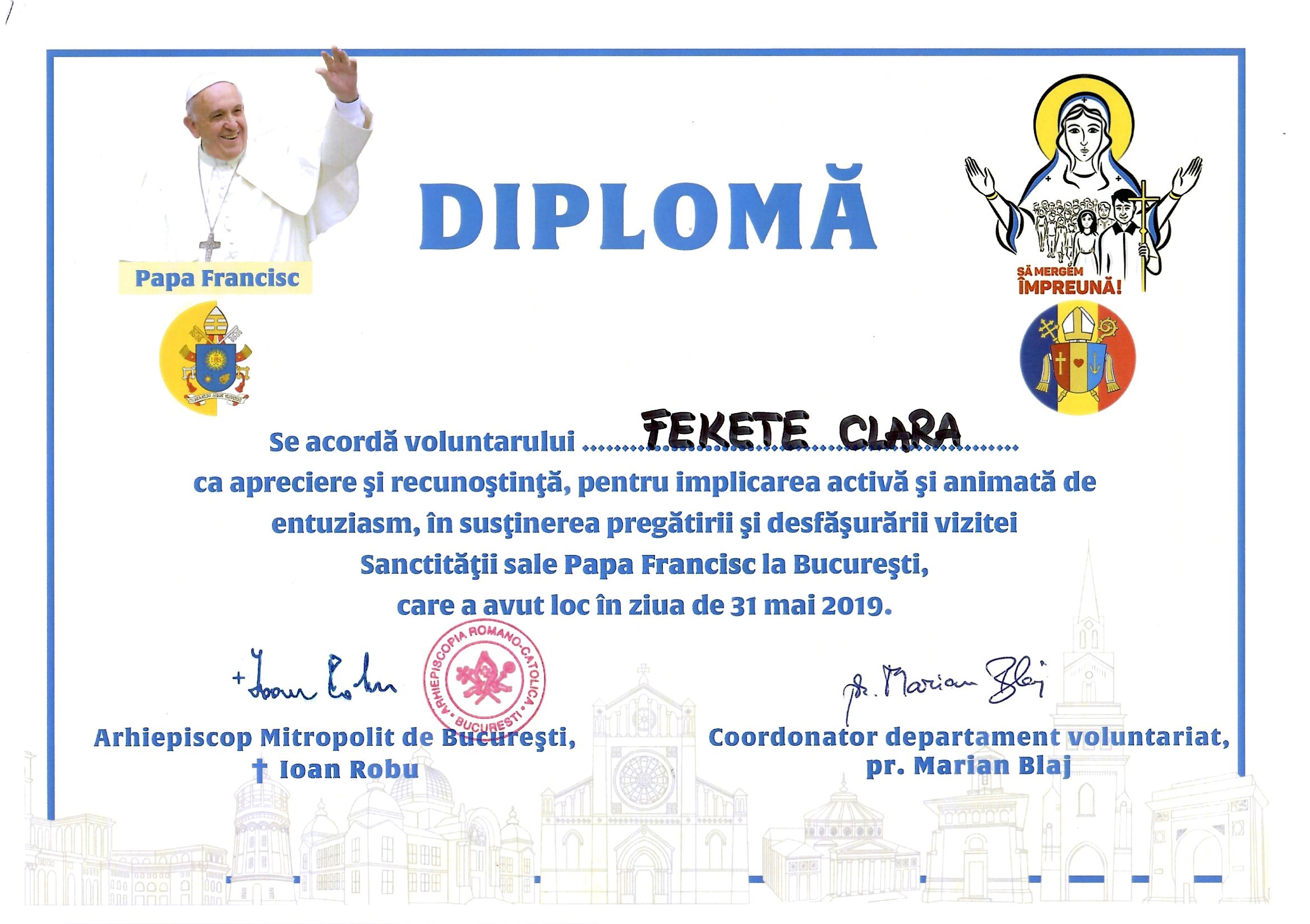 Certificat voluntar vizita Papa 2019 — Fekete KLM