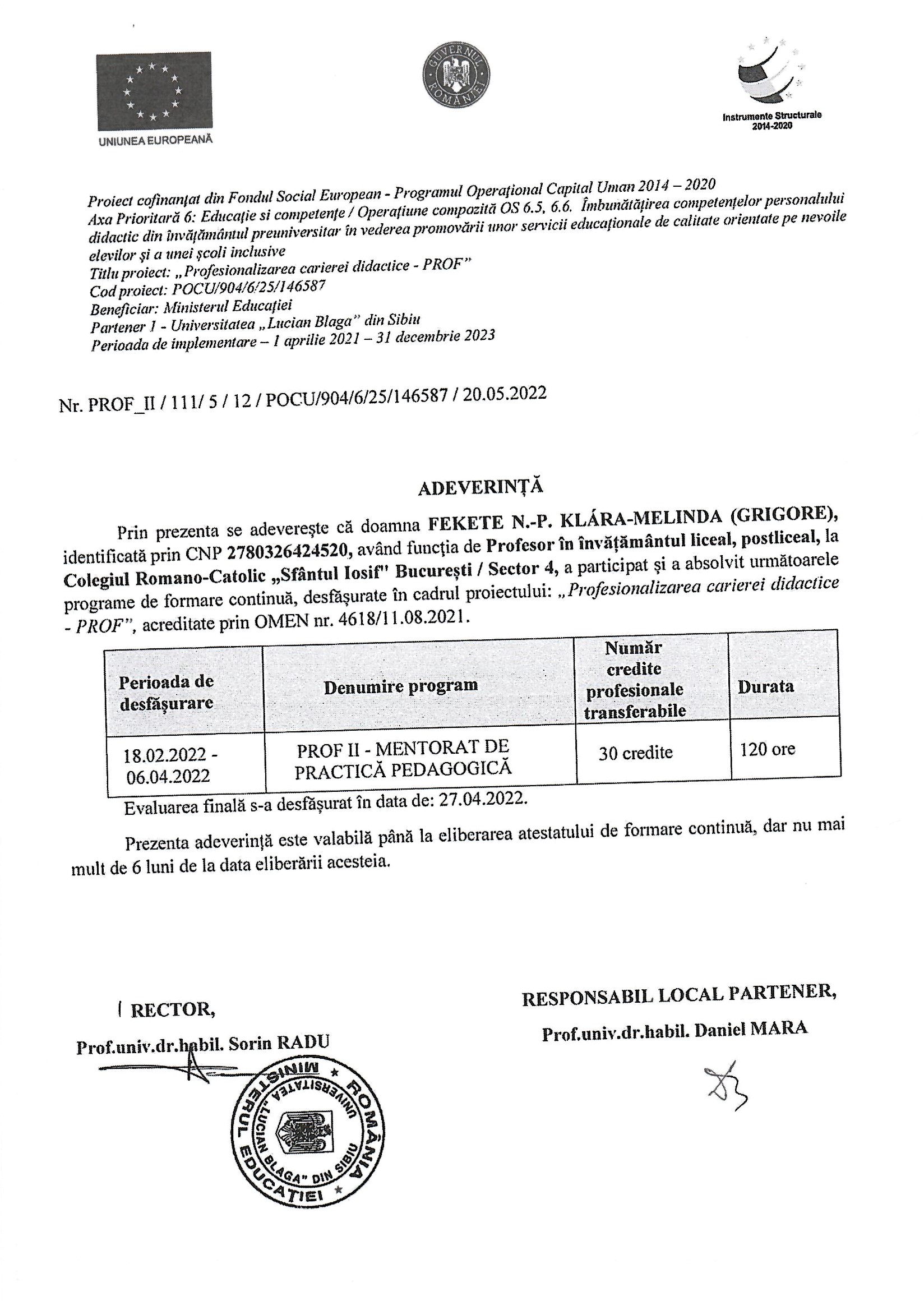 Adeverință profesor 2022 — Fekete KLM