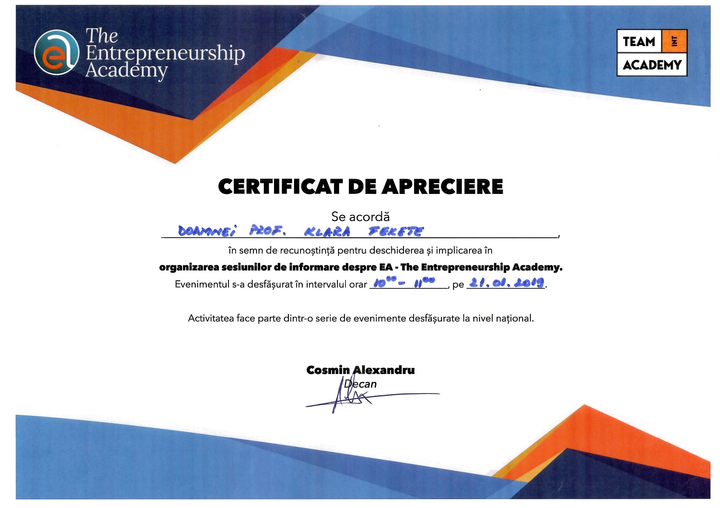 Diplomă apreciere 2019 — Fekete KLM
