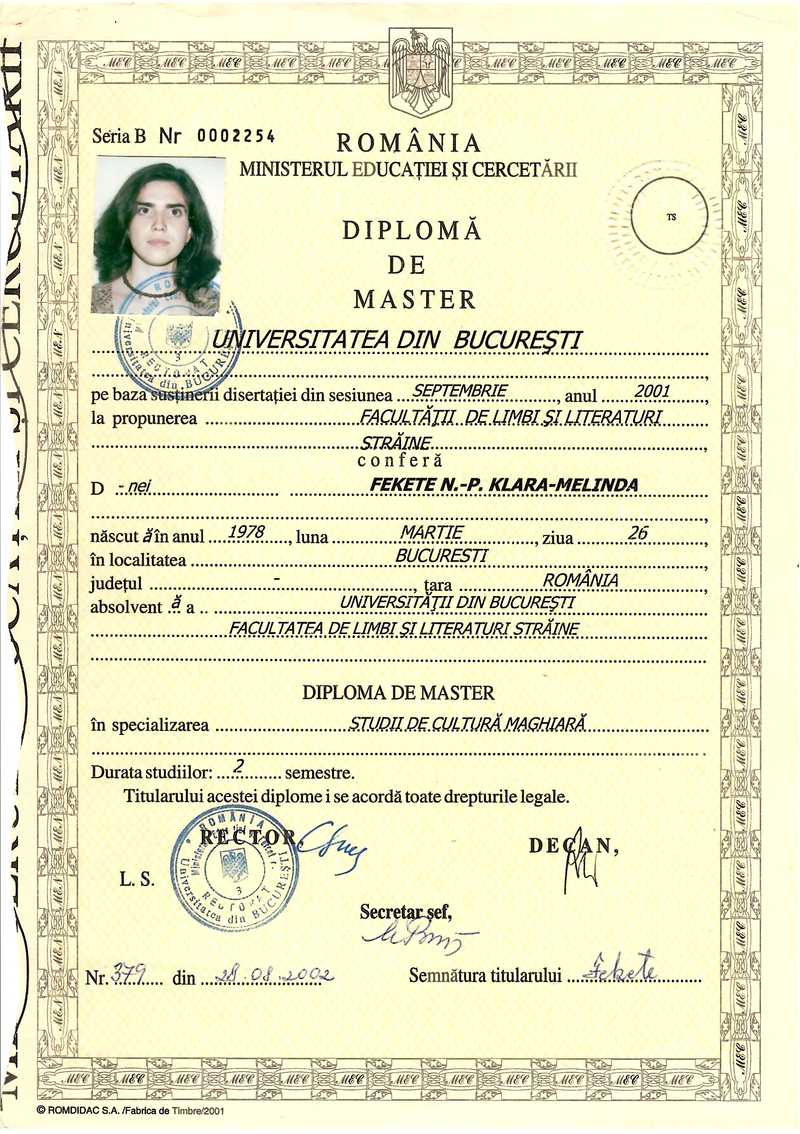 Diplomă master 2002 față — Fekete KLM