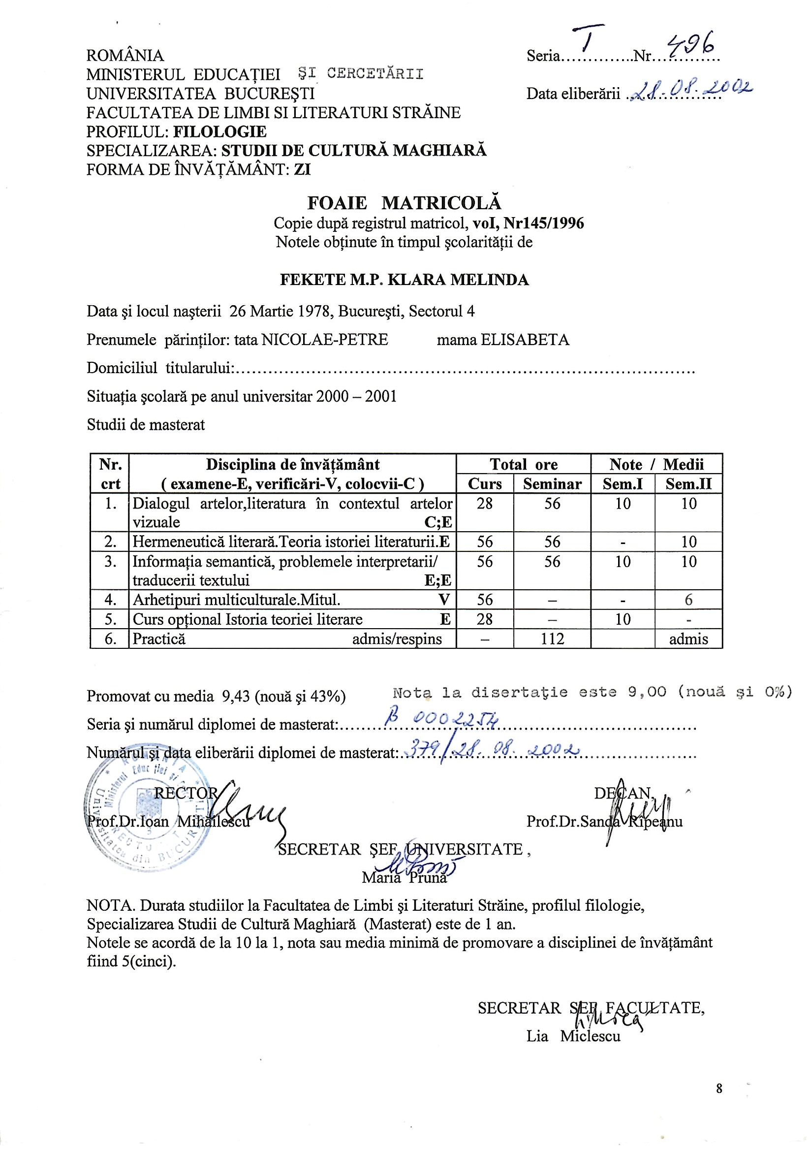 Diplomă master 2002 verso — Fekete KLM