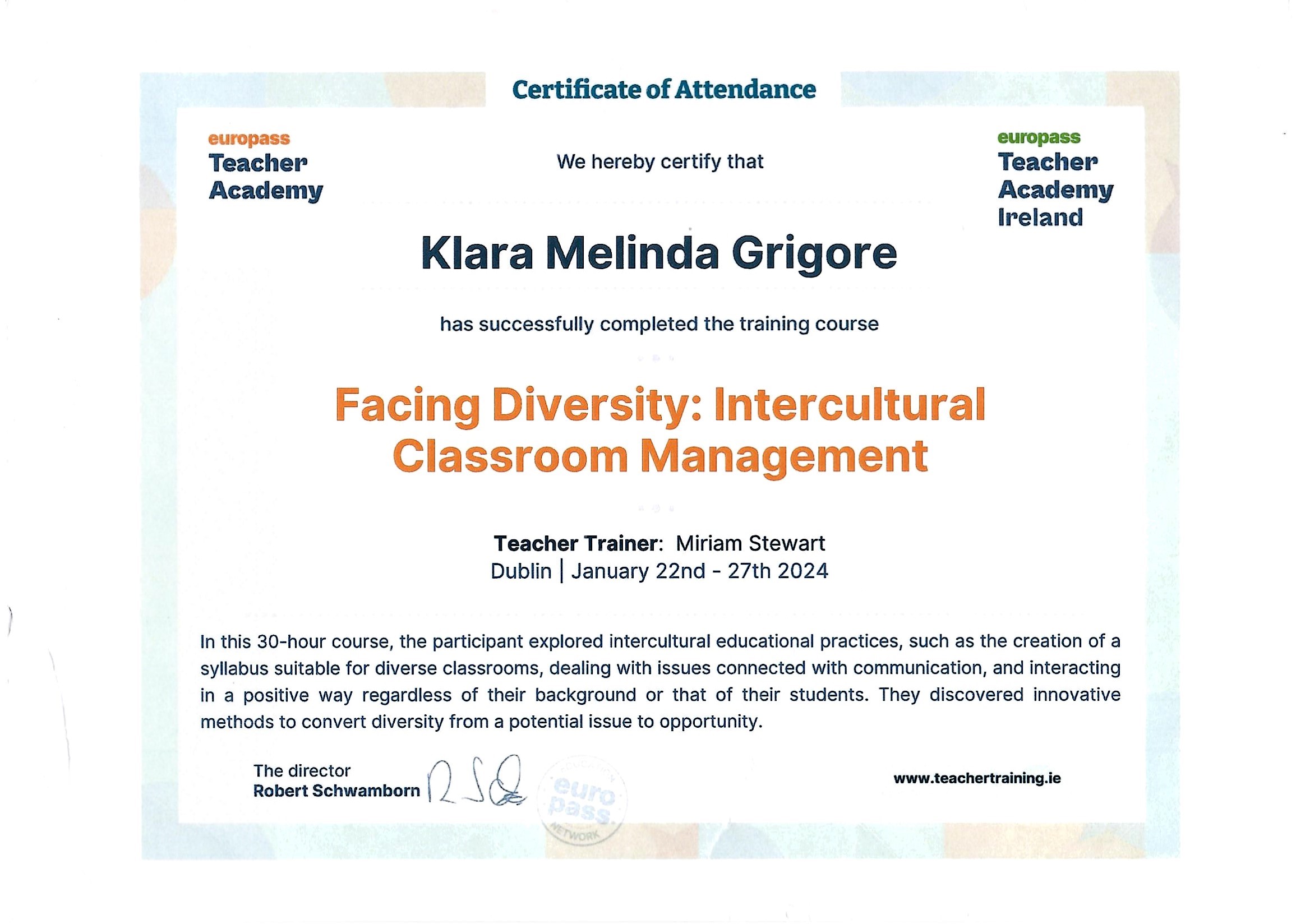Diplomă participare Interculturalitate 2024 — Grigore KLM