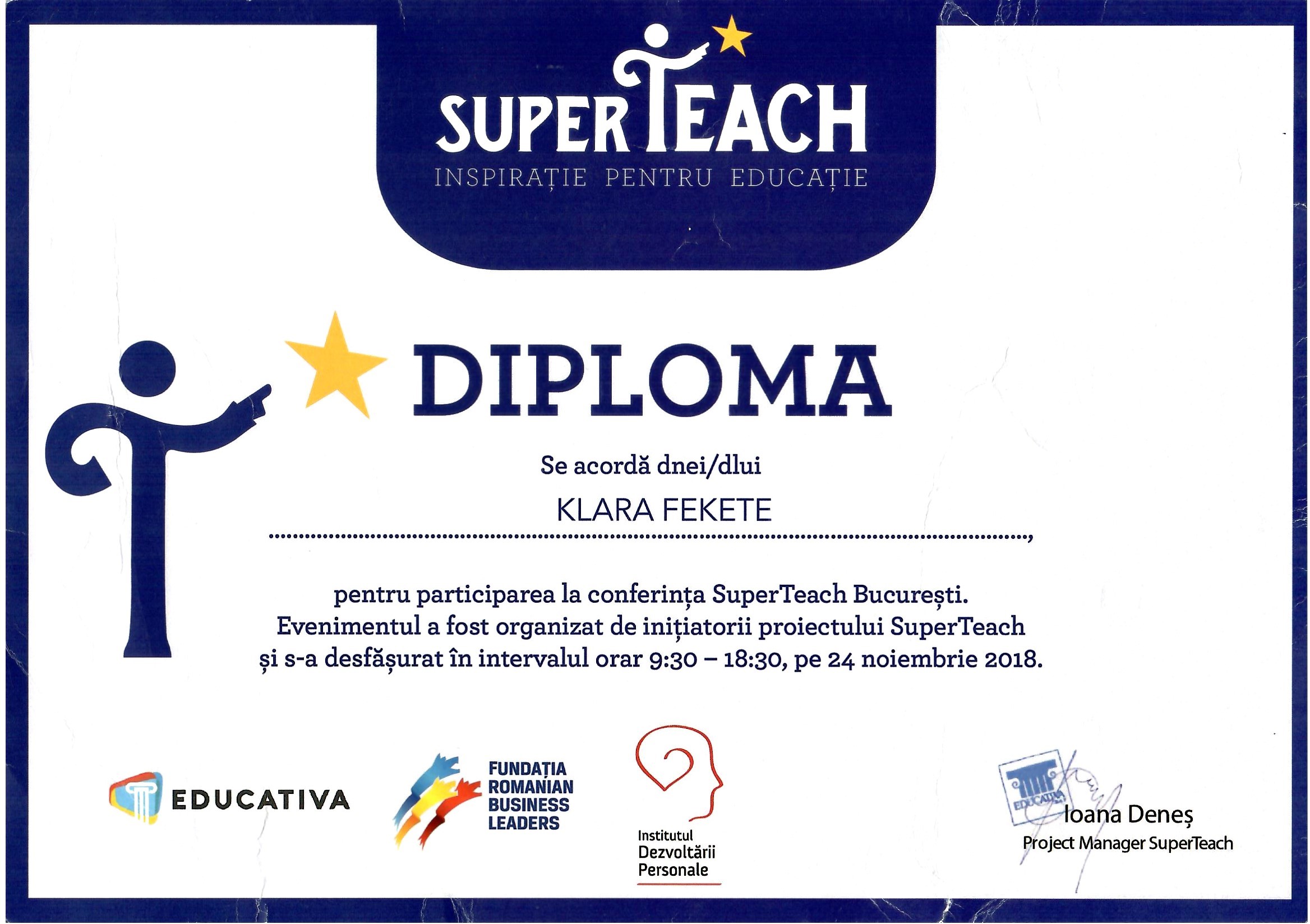 Diplomă participare SuperTeach 2018 — Fekete KLM