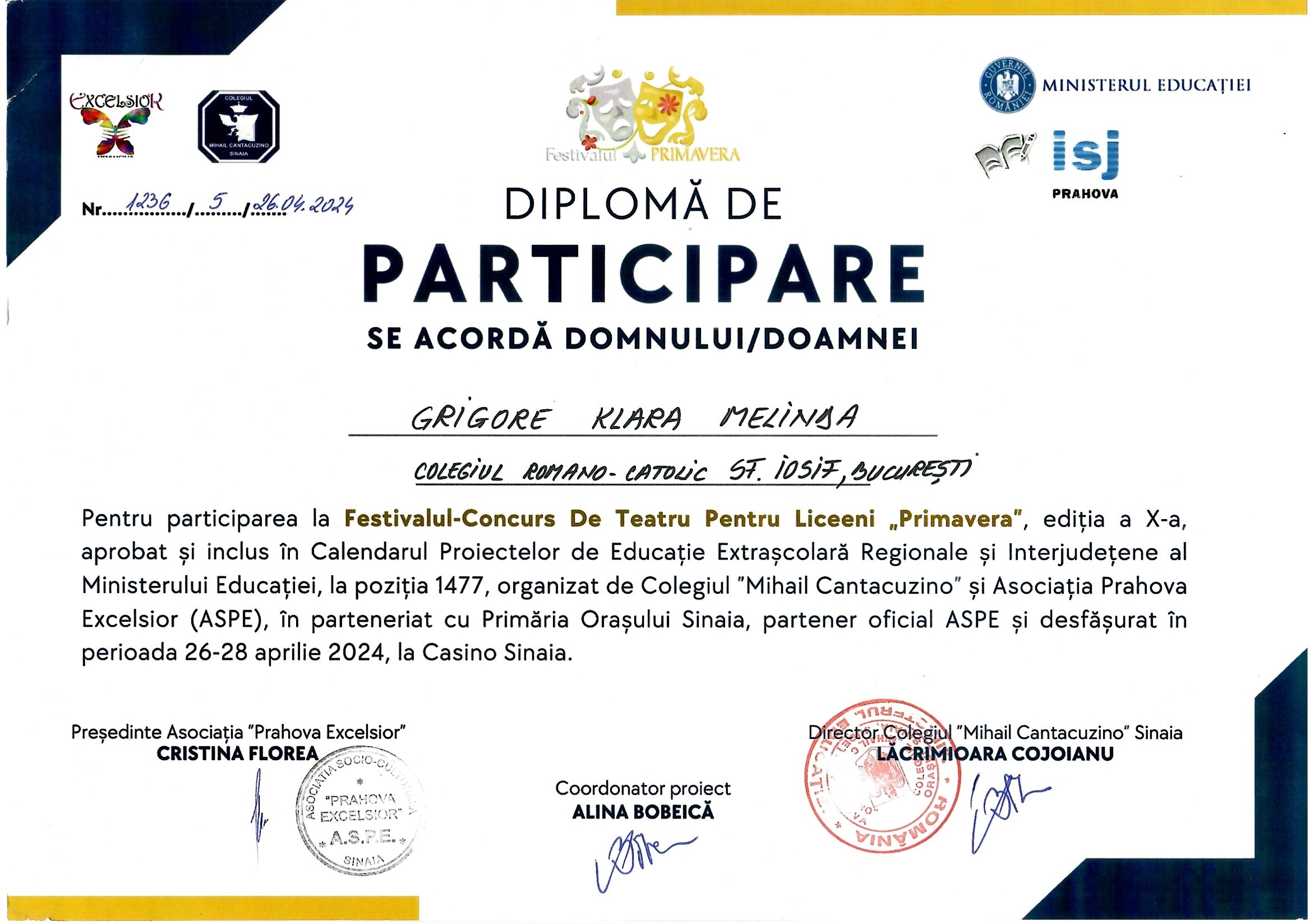 Diplomă participare teatru 2024 — Grigore KLM