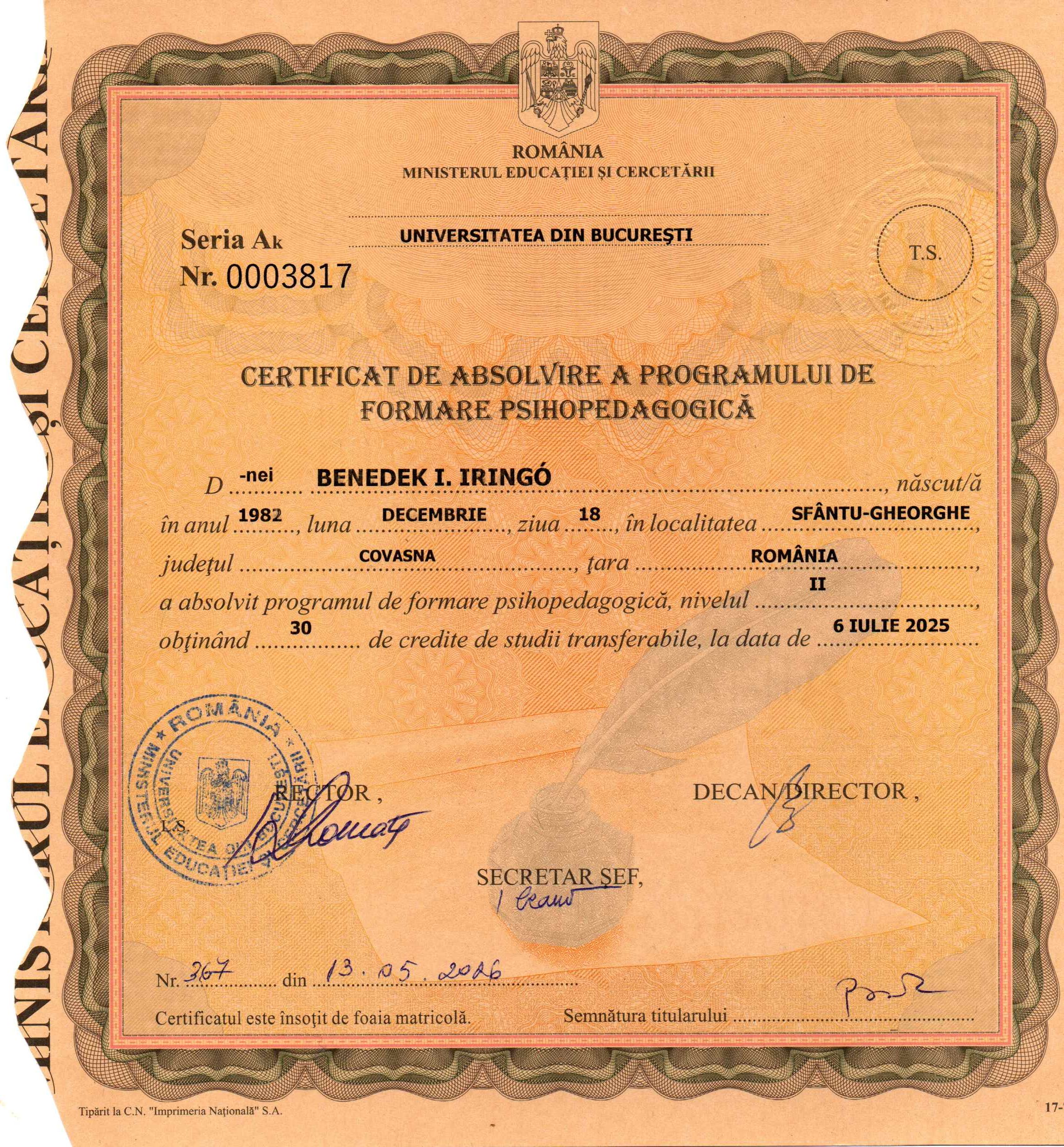 Certificat formare psihopedagogică nivel II — Benedek Iringó
